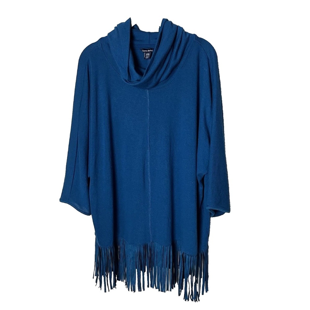 Terre Bleue Women's Knit Top Size Large 3/4 Sleeves Fringe Blue Soft Cowl Neck